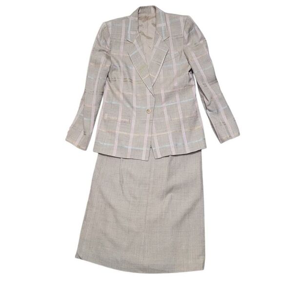Michelle Stuart Skirt Suit Women's Sz 4 Tan Multi Plaid Padded Shoulder 2 Piece - Picture 1 of 12